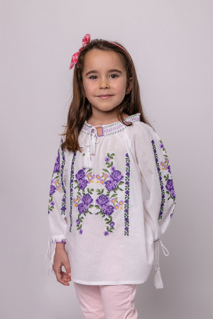 Imbracaminte Fetite - Ie traditionala alba pentru fetite cu motiv floral mov Violeta