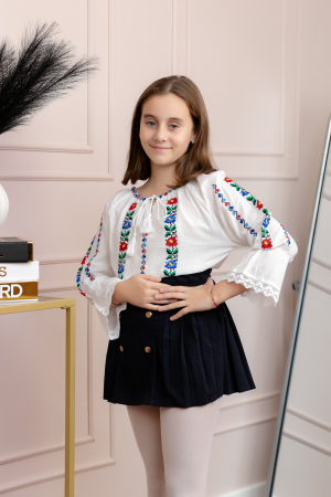 Imbracaminte copii - Ie traditionala alba pentru fetite cu motiv floral multicolor Felicia