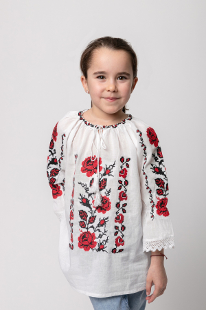 Imbracaminte copii - Ie traditionala alba pentru fetite cu motiv floral rosu Carla