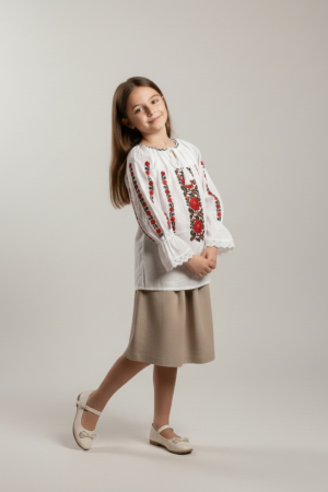 Ie traditionala alba pentru fetite cu motiv floral rosu Carmen [3]