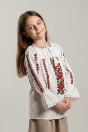 Imbracaminte Fetite - Ie traditionala alba pentru fetite cu motiv floral rosu Carmen