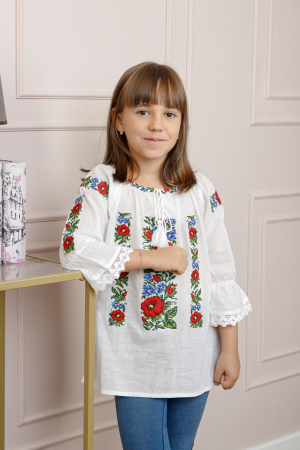 Ie traditionala alba pentru fetite cu motiv floral rosu Casandra [0]