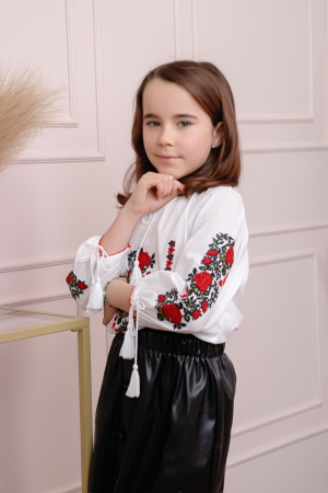 Imbracaminte copii - Ie traditionala alba pentru fetite cu motiv floral rosu Iunia