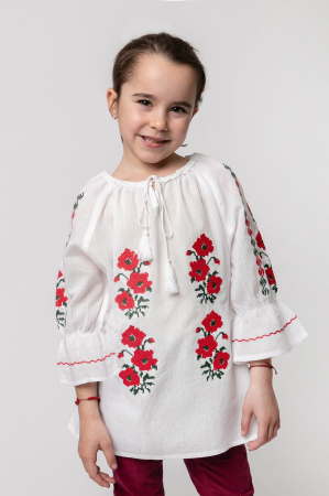 Ie traditionala alba pentru fetite cu motiv floral rosu Mara [0]