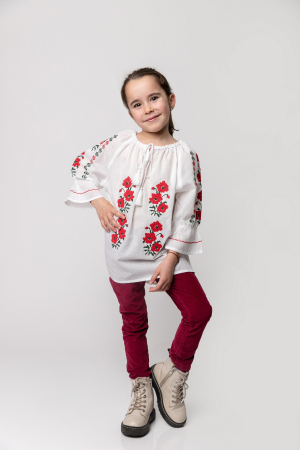 Ie traditionala alba pentru fetite cu motiv floral rosu Mara [1]