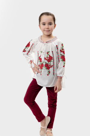 Ie traditionala alba pentru fetite cu motiv floral rosu Mateea [3]