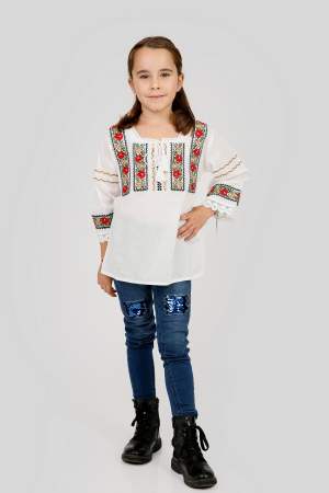 Imbracaminte copii - Ie traditionala alba pentru fetite cu motiv floral rosu Medeea
