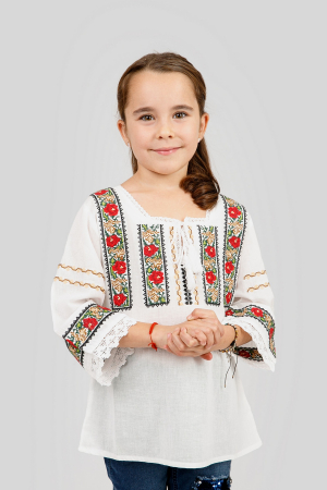 Ie traditionala alba pentru fetite cu motiv floral rosu Medeea [3]