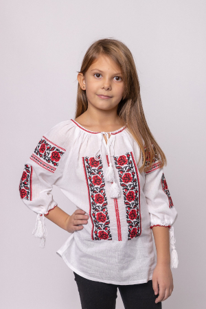 Imbracaminte copii - Ie traditionala alba pentru fetite cu motiv floral rosu Melinda