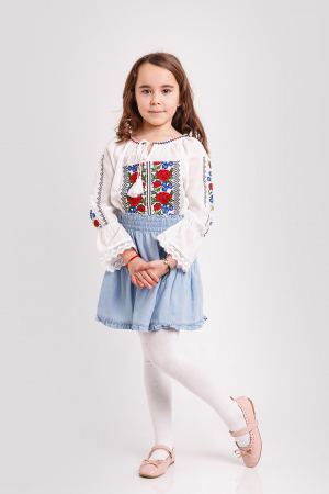 Ie traditionala alba pentru fetite cu motiv floral rosu Rozalia [0]