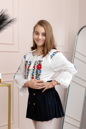 Imbracaminte copii - Ie traditionala alba pentru fetite cu motiv floral tricolor Adelina