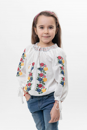 Ie traditionala alba pentru fetite cu motiv floral tricolor Alessia [0]