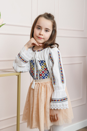 Imbracaminte Fetite - Ie traditionala alba pentru fetite cu motiv floral tricolor Rania