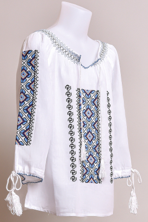 Ie traditionala alba pentru fetite cu motiv geometric albastru Alice [2]