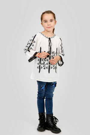 Imbracaminte copii - Ie traditionala alba pentru fetite cu motiv geometric negru Viviana