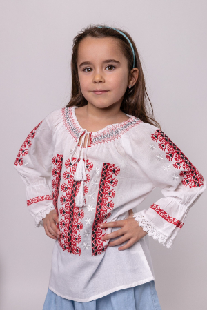 Ie traditionala alba pentru fetite cu motiv geometric rosu Dalia 01 [0]