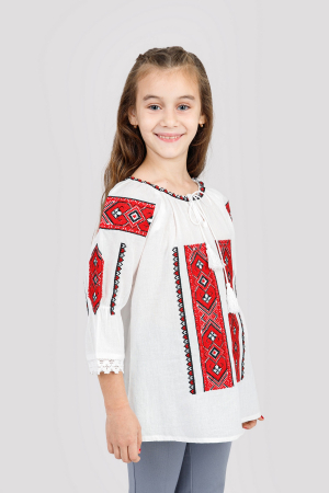Imbracaminte copii - Ie traditionala alba pentru fetite cu motiv geometric rosu Damiana