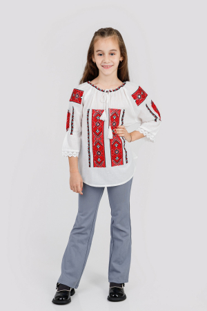 Ie traditionala alba pentru fetite cu motiv geometric rosu Damiana [3]