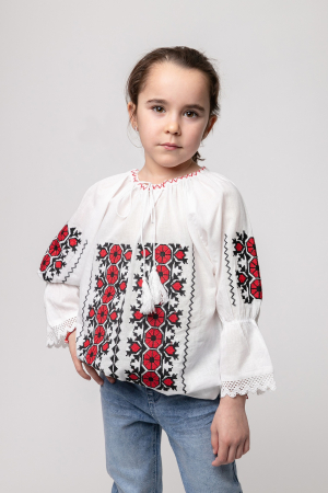 Ie traditionala alba pentru fetite cu motiv geometric rosu Emilia [0]