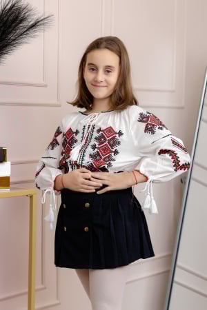 Imbracaminte Fetite - Ie traditionala alba pentru fetite cu motiv geometric rosu Erica