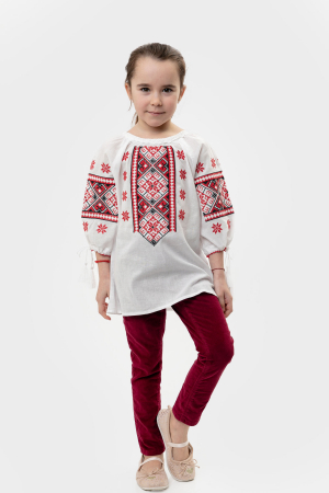 Ie traditionala alba pentru fetite cu motiv geometric rosu Gabriela [3]