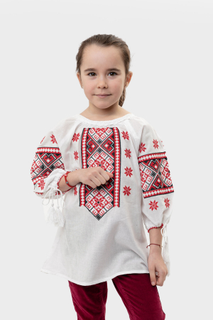 Ie traditionala alba pentru fetite cu motiv geometric rosu Gabriela [0]