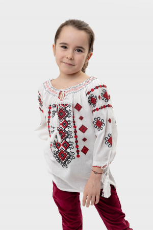 Ie traditionala alba pentru fetite cu motiv geometric rosu Paula [0]