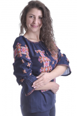 Ie traditionala albastra cu motiv geometric multicolor Larisa 02 [1]