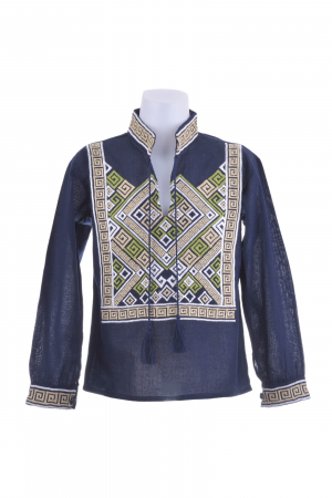 Camasa traditionala de baieti albastra cu motiv geometric multicolor Serban [0]