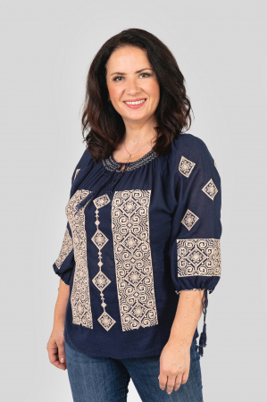 Ie cu maneca scurta - Ie traditionala bleumarin cu motiv geometric crem Tamara 02