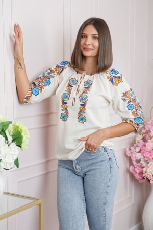 Ie cu maneca scurta - Ie traditionala crem cu motiv floral albastru Felicia 02