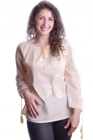 Ie cu maneca lunga - Ie traditionala crem cu motiv floral auriu Catalina