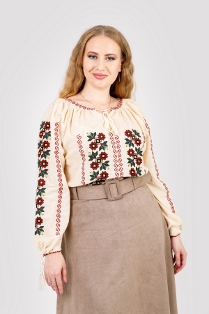 Ie cu maneca lunga - Ie traditionala crem cu motiv floral rosu Luciana