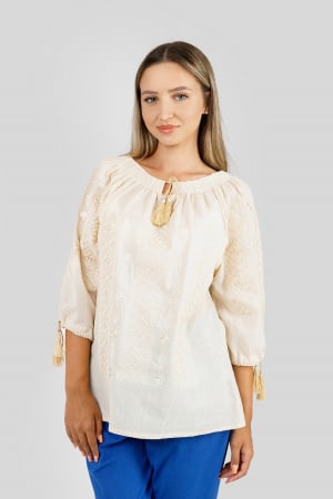 Ie cu maneca scurta - Ie traditionala crem cu motiv geometric auriu Daiana 01