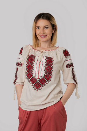 Ie traditionala crem cu motiv geometric rosu Amina [0]