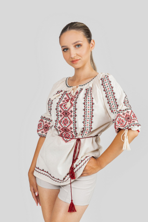 Ie traditionala crem cu motiv geometric rosu Nina [0]