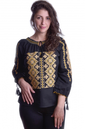 Ie cu maneca lunga - Ie traditionala neagra cu motiv geometric auriu Greta 01