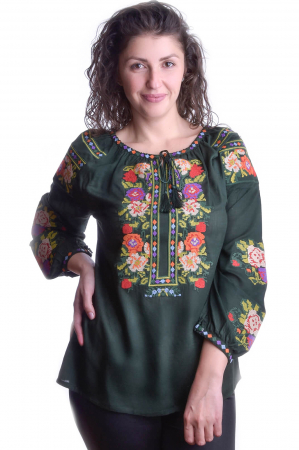 Ie cu maneca lunga - Ie traditionala verde cu motiv floral multicolor Stefania 03