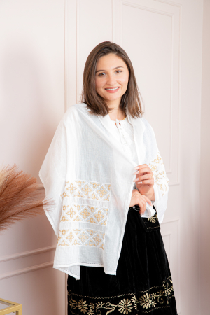 Brauri si marame - Marama traditionala alba cu broderie geometrica aurie Flavia