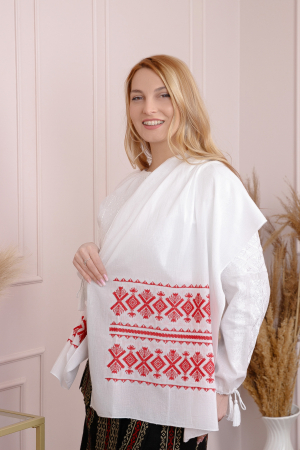 Marama traditionala alba cu broderie geometrica rosie Ramona [3]