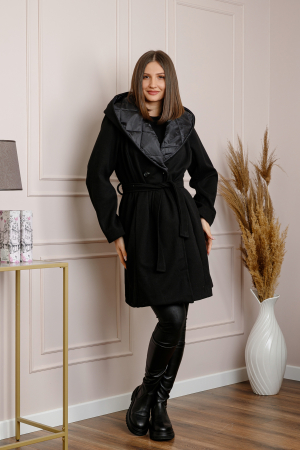 Palton dama elegant negru cu gluga captusita [2]