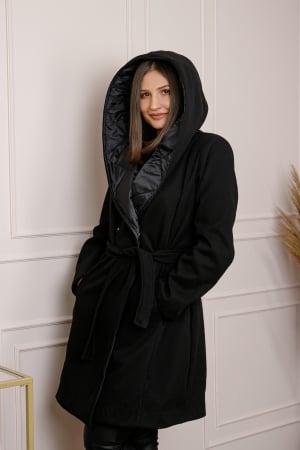 Paltoane si geci - Palton dama elegant negru cu gluga captusita