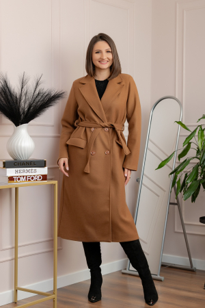 Paltoane si geci - Palton lung elegant Erika cu cordon si buzunare - Camel
