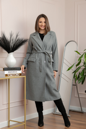 Palton lung elegant Erika cu cordon si buzunare - Gri [2]