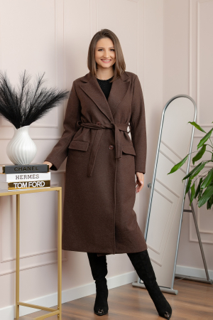 Palton lung elegant Erika cu cordon si buzunare - Maro [2]