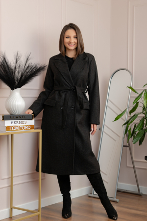 Palton lung elegant Erika cu cordon si buzunare - Negru [2]