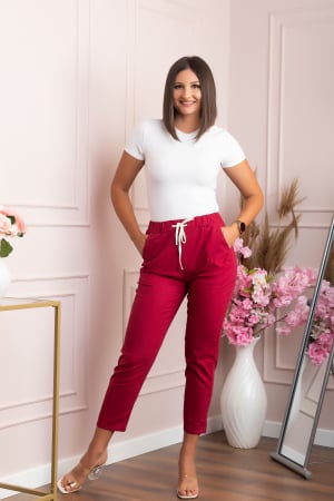 Pantaloni conici Tessa din bumbac cu snur in talie - Grena [4]