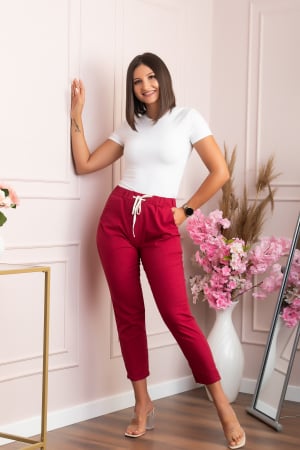 Pantaloni conici Tessa din bumbac cu snur in talie - Grena [3]