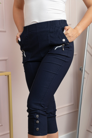 Pantaloni dama 3/4 Jenny bleumarin cu talie elastica si fermoare decorative [1]