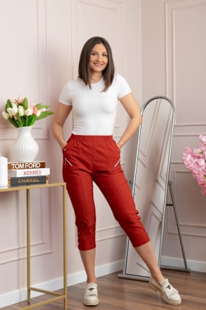 Pantaloni - Pantaloni dama 3/4 Jenny caramizii cu talie elastica si fermoare decorative